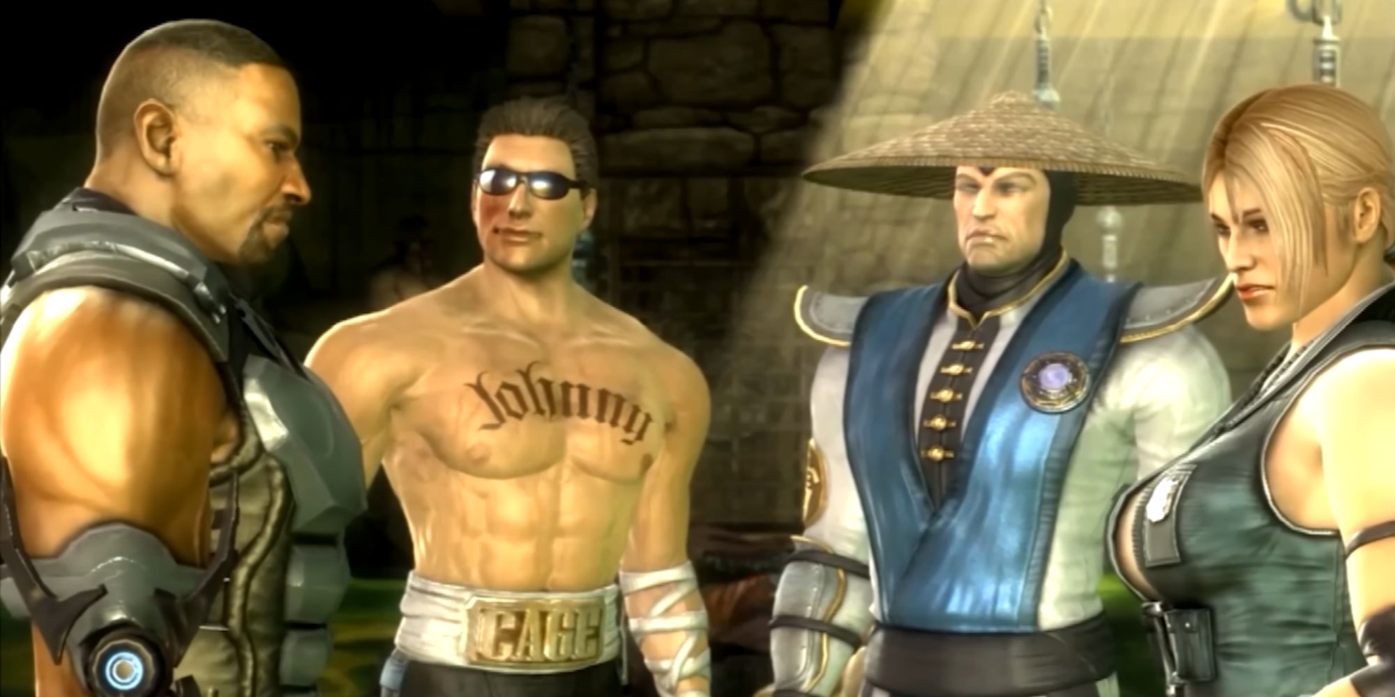 Mortal Kombat 9 Screenshot Of Jax, Johnny Cash, Raiden, and Sonya Blade