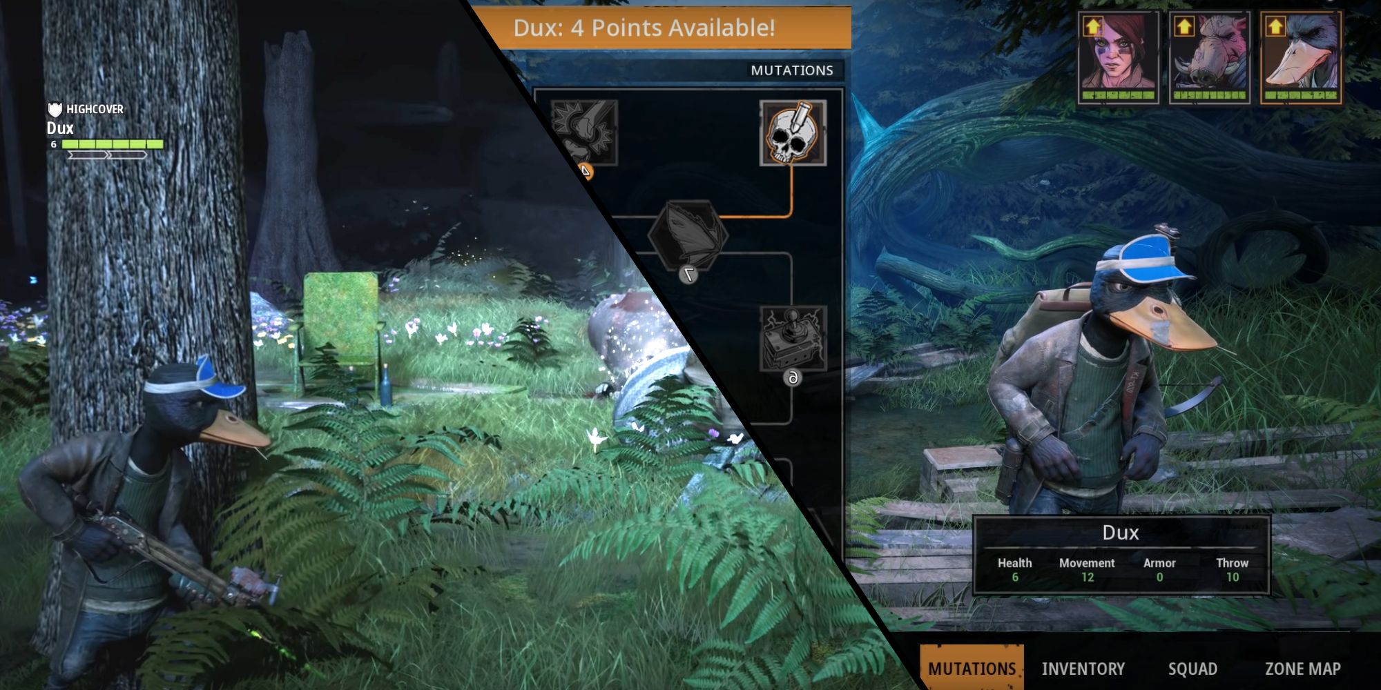 Mutant Year Zero Dux split image feature him stalking a ghoul and in the stat screen