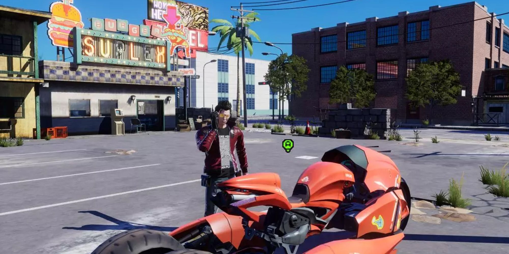 No More Heroes 3 - Travis Touchdown Talking On His Cell Before Hopping On His Motorcycle