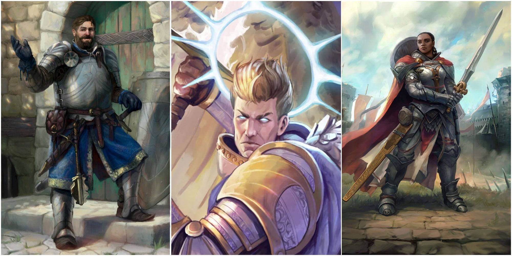 Split image of a human man in armor, Seelah, and the Angel Mythic Path art from Pathfinder Wrath of the Righteous