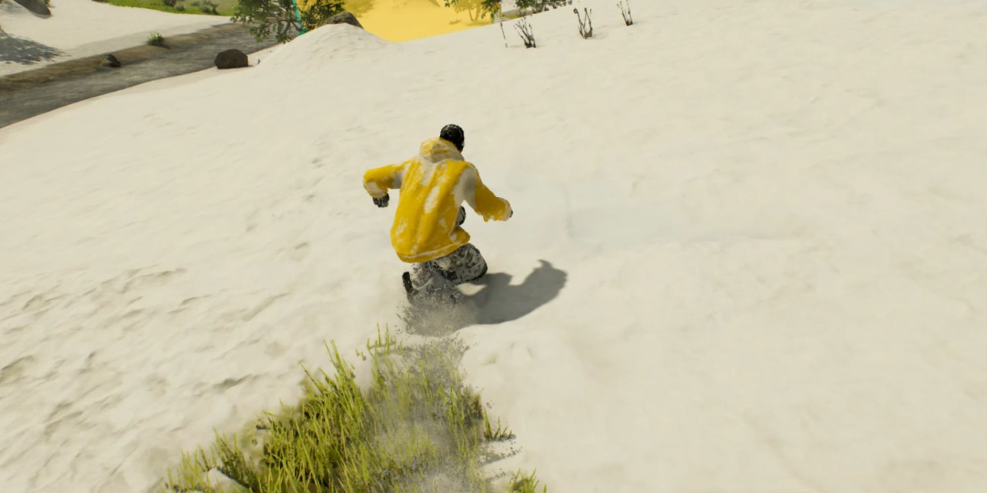 Riders Republic. Snowboard riding in snow with checkpoint ahead. Wearing yellow jacket.