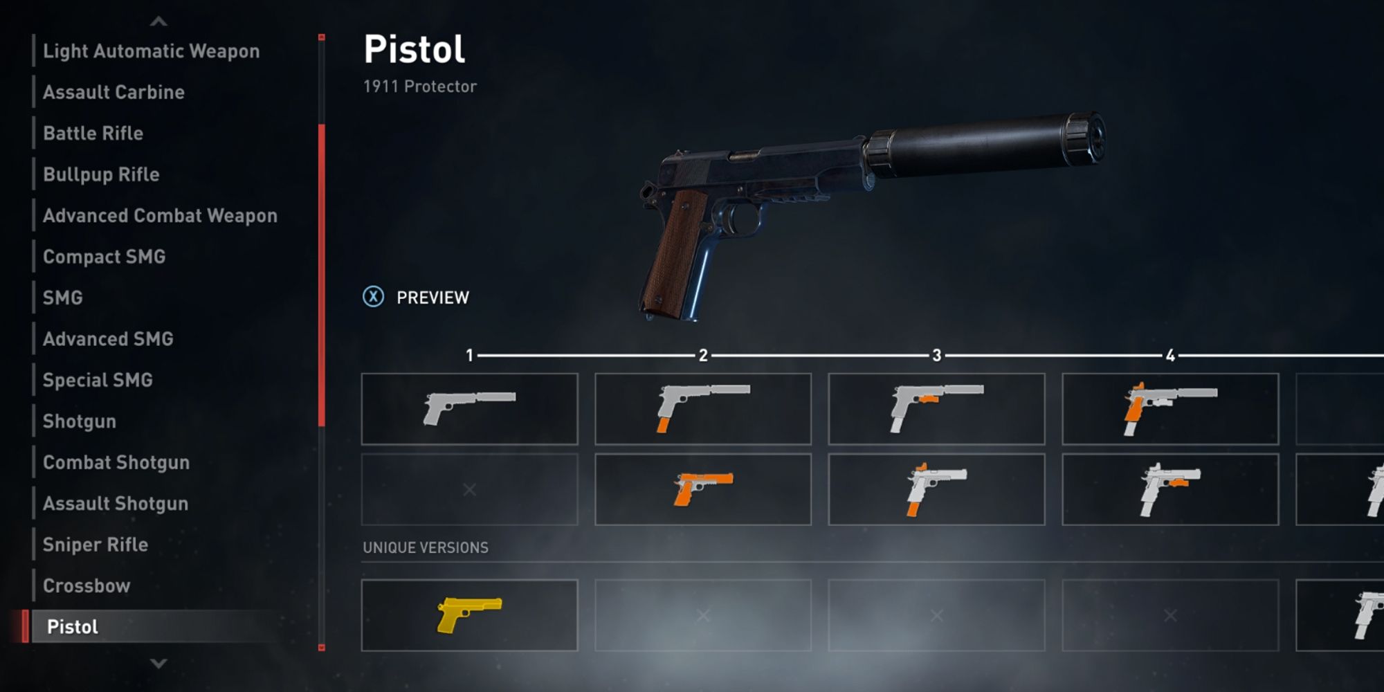 World War Z. Screenshot of the Pistol weapon loadout screen.