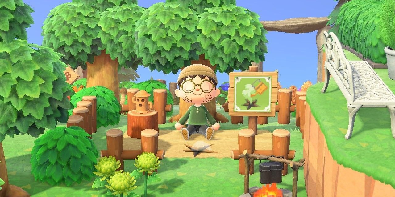 animal crossing new horizons villager outside in gyroid farm planted gyroids
