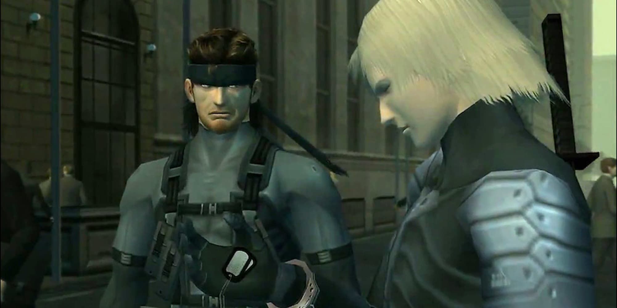 Raiden looking at his dog tags whilst talking to Snake in MGS 2