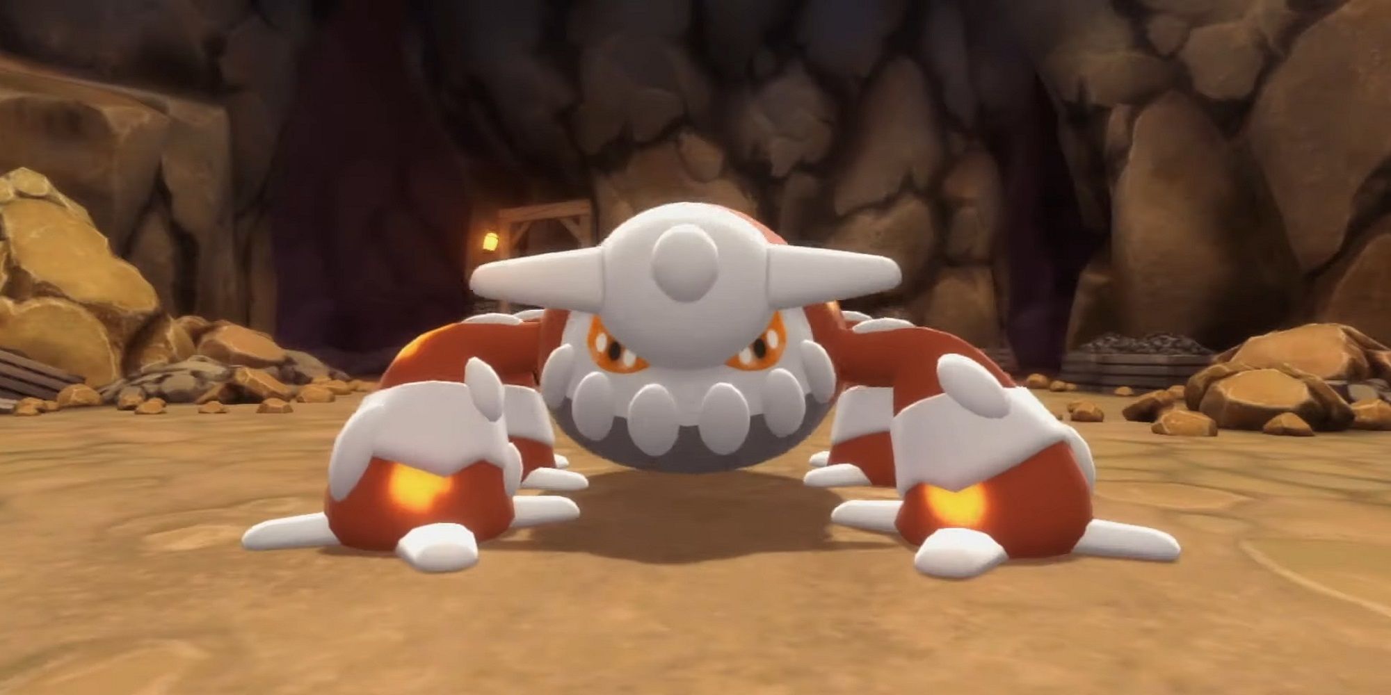 Heatran glaring angrily in a cave.