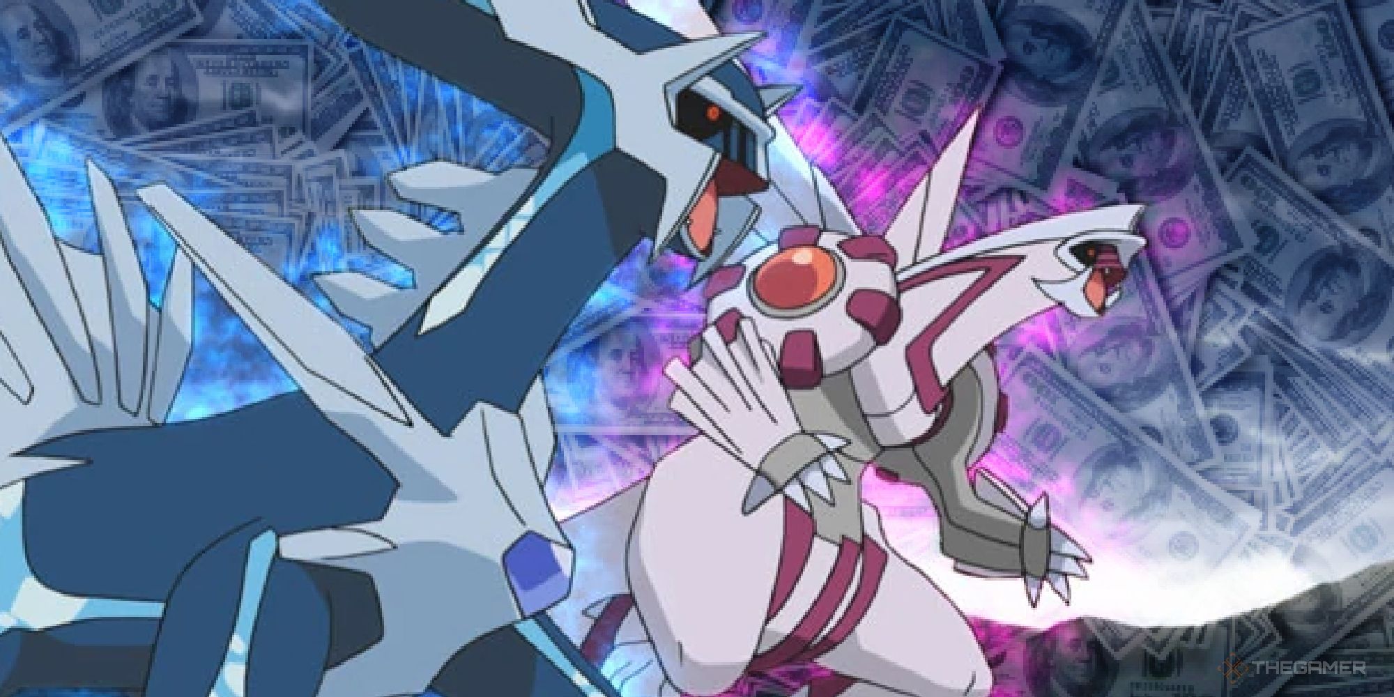 dialga and palkia on a background of money