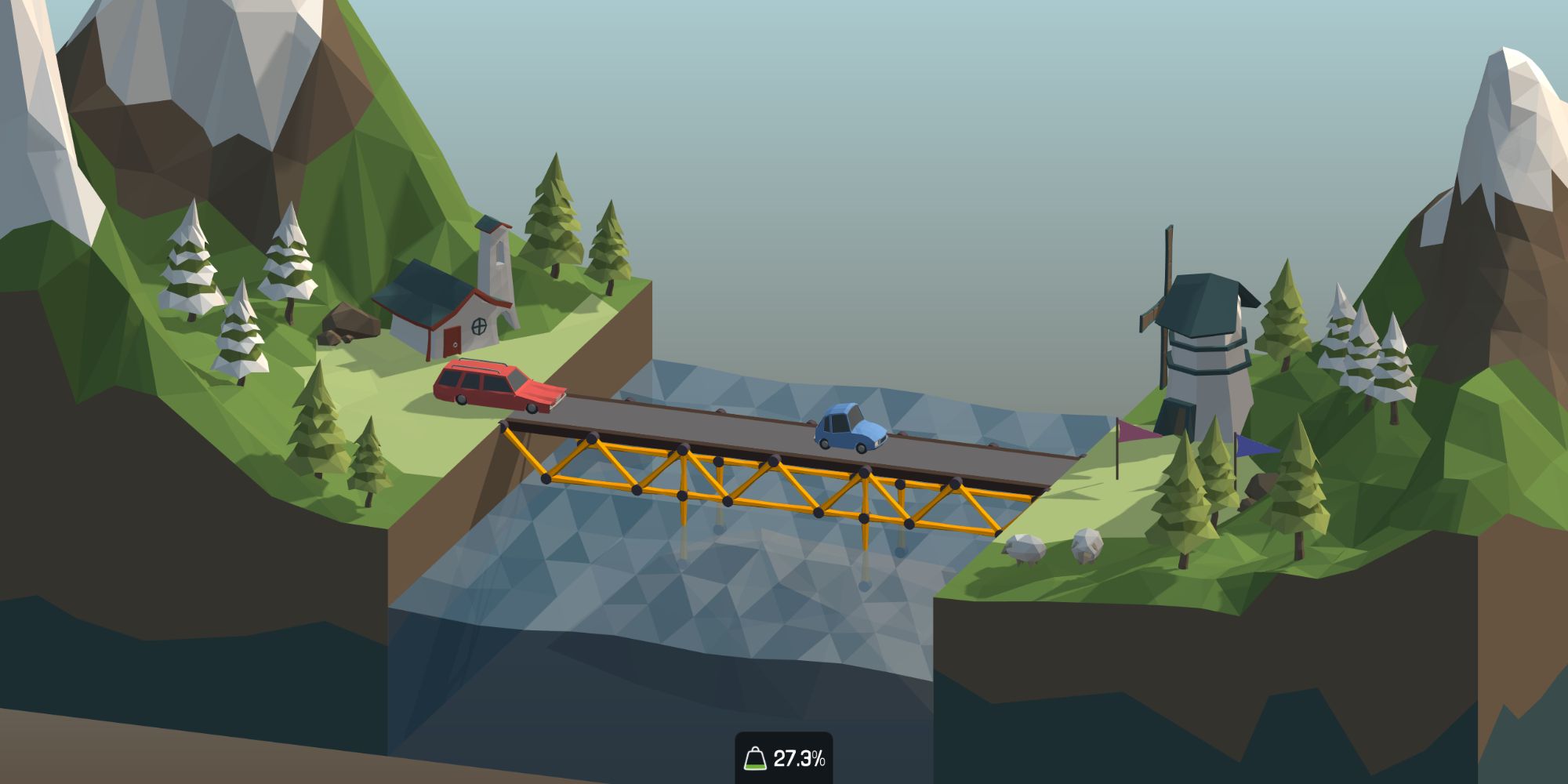 Poly Bridge gameplay with a bridge and cars