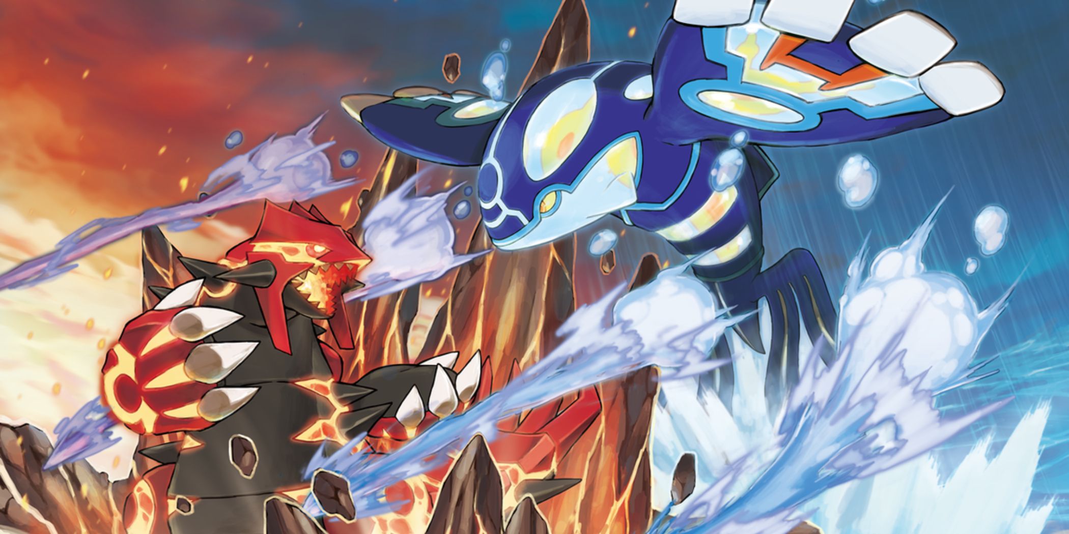 Kyogre fires an Original Pulse at Groudon, who counters with Precipice Blades.