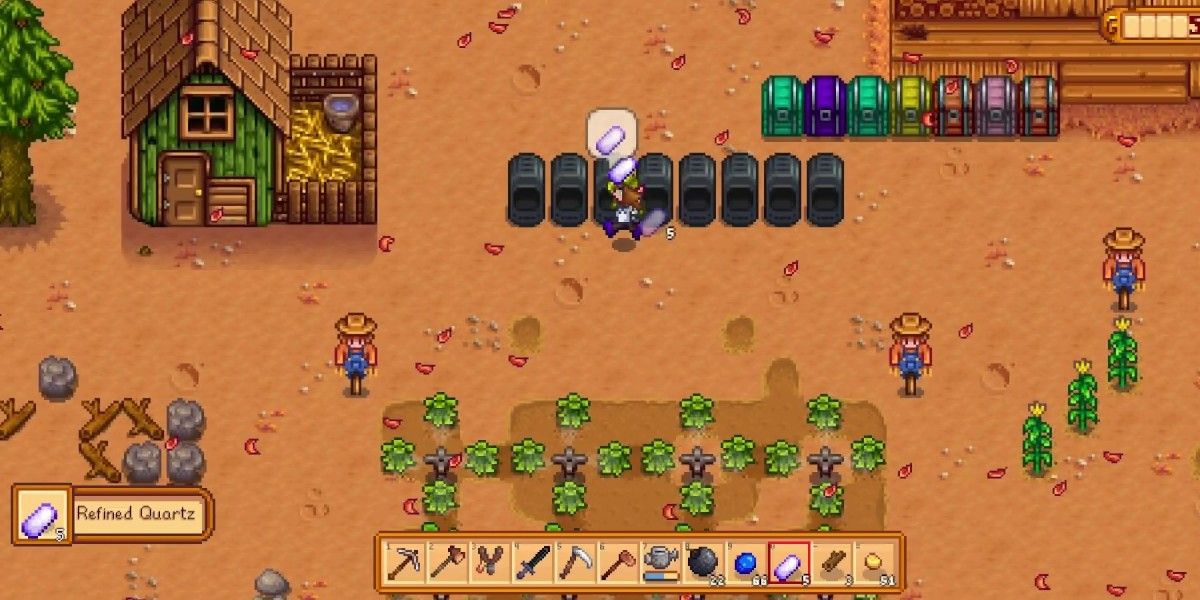 Stardew Valley villager on farm making refined quartz with furnace