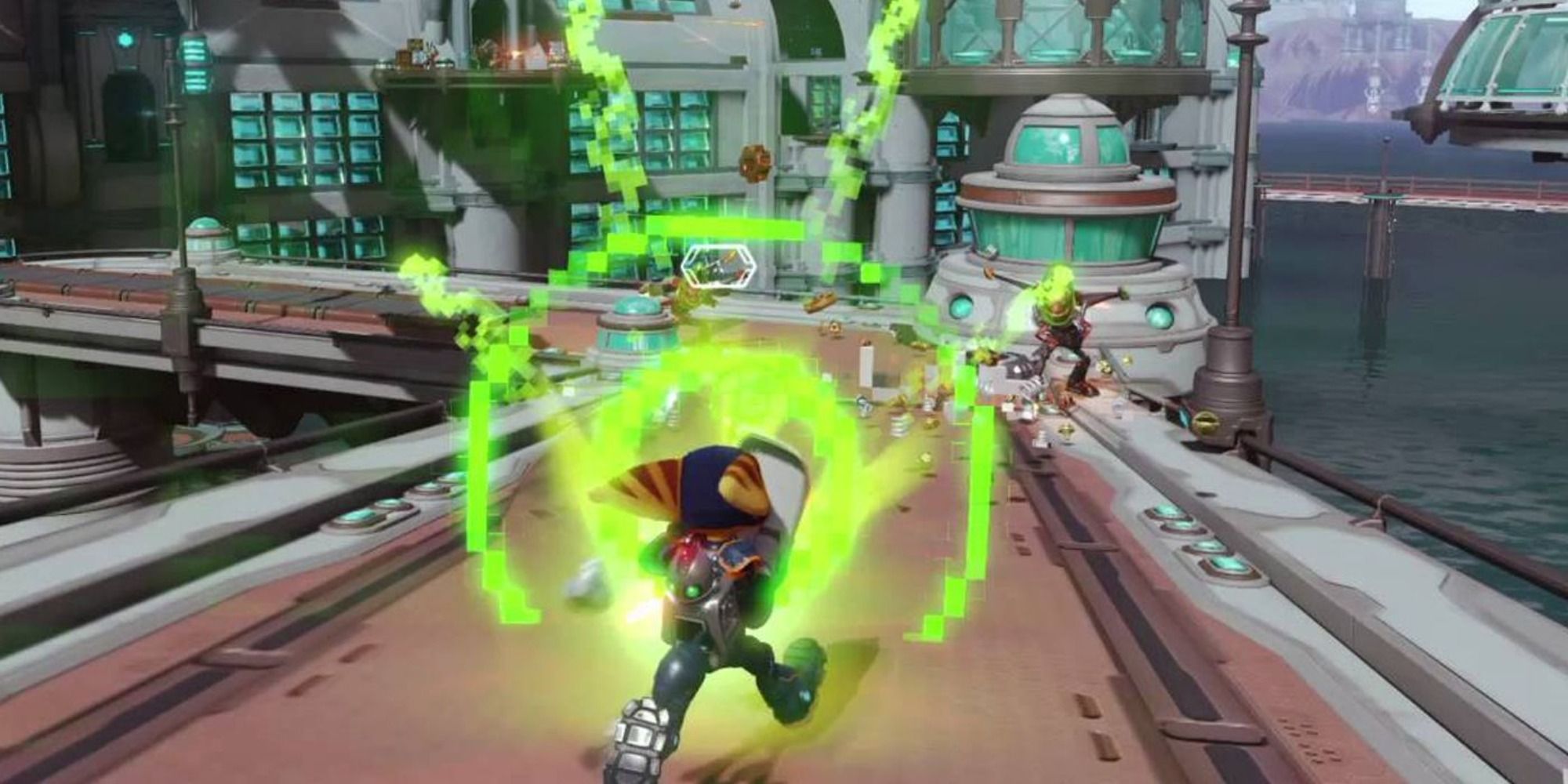 Ratchet using the Pixelizer Gun in Ratchet and Clank