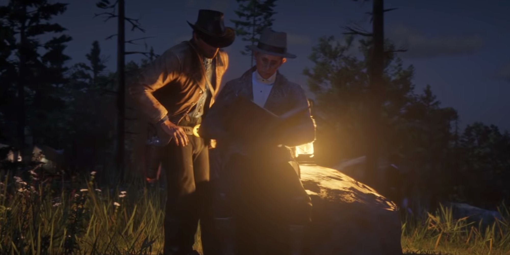 Red Dead Redemption 2 Screenshot Of Arthur and Strauss Reading About Debts