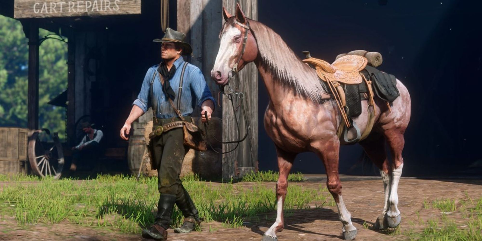 Red Dead Redemption 2 Screenshot Of Arthur leading a horse.