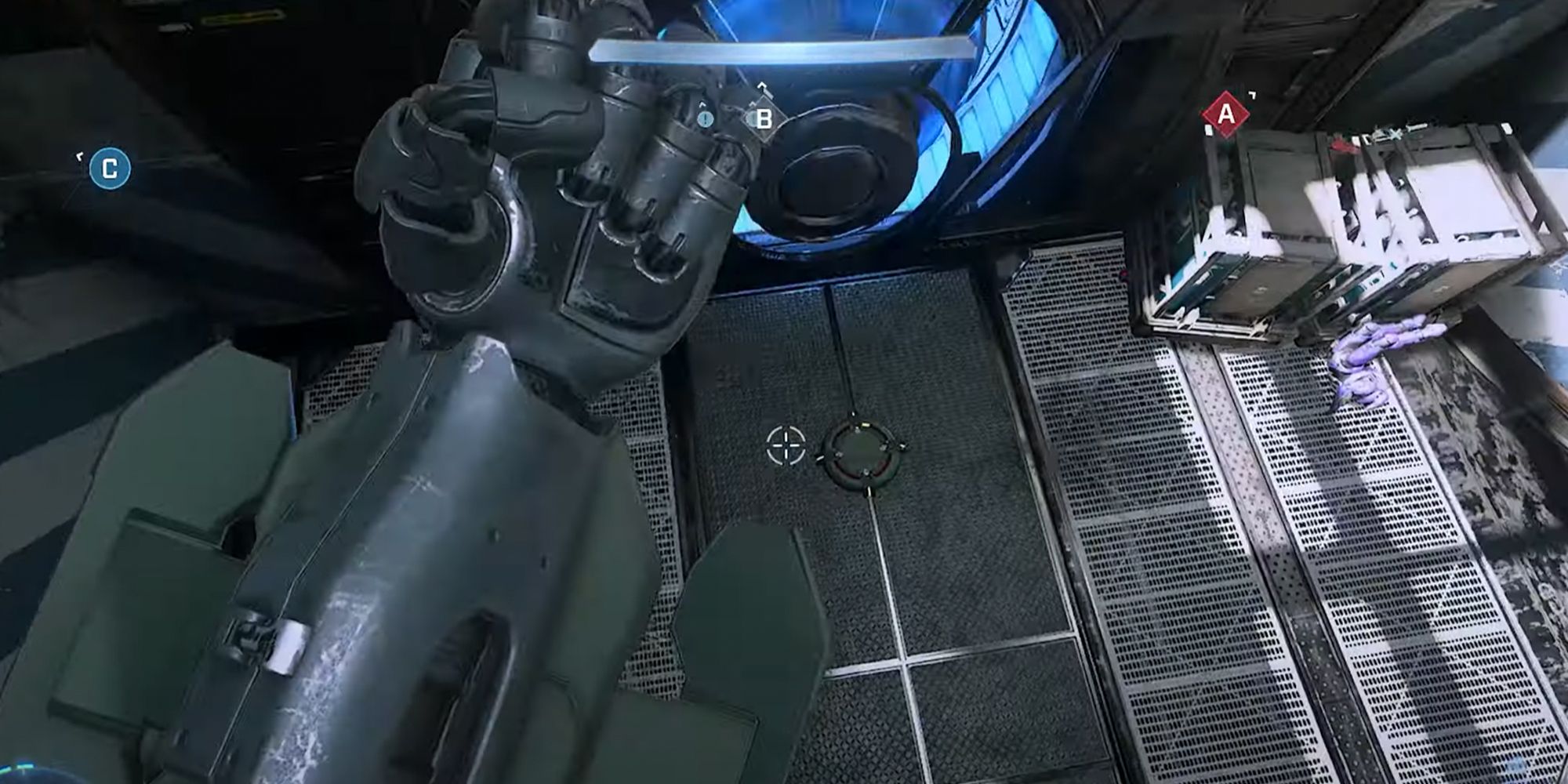 Halo Infinite, robotic style arm clenched in a fist. character in mid air.
