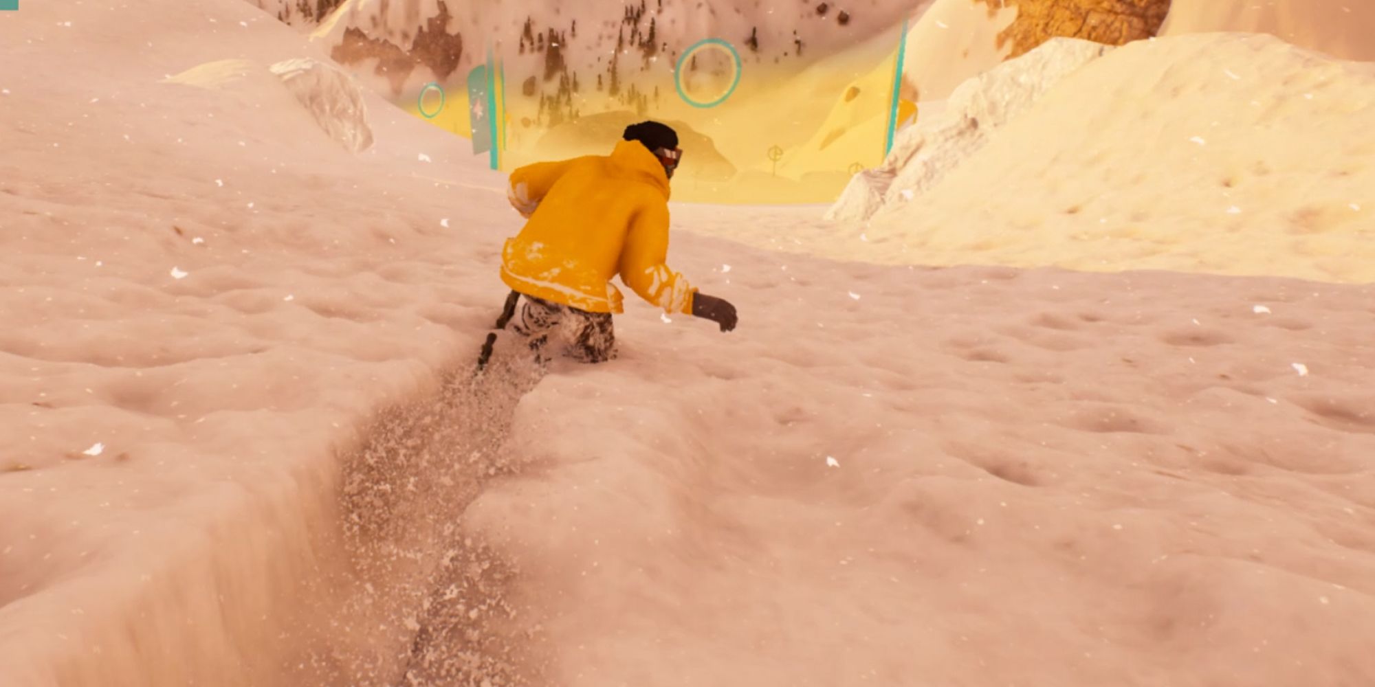 Riders Republic. Yellow jacket, riding on snowboard in deep snow.