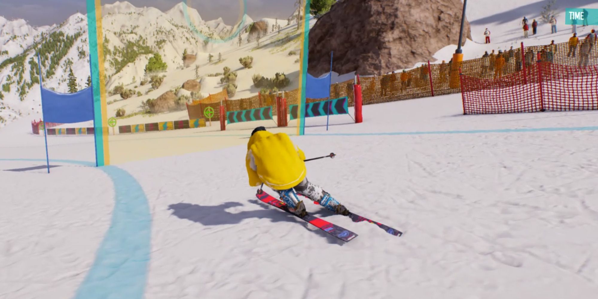 Riders Republic. Yellow jacket riding on red skis in the snow. Checkpoint ahead.