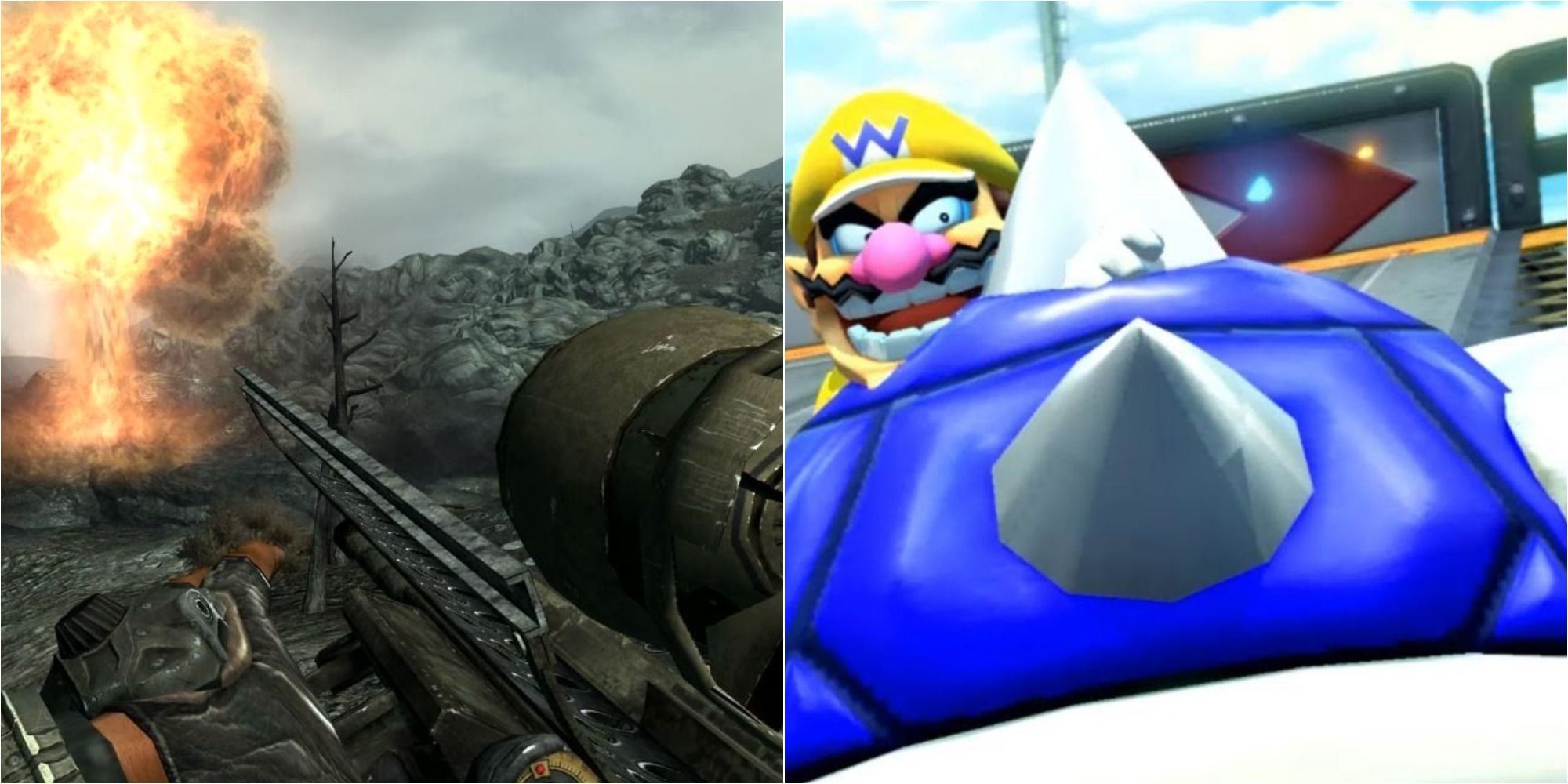 Ridiculous Explosive Weapons Featured Split Image Fallout 3 and Mario Kart