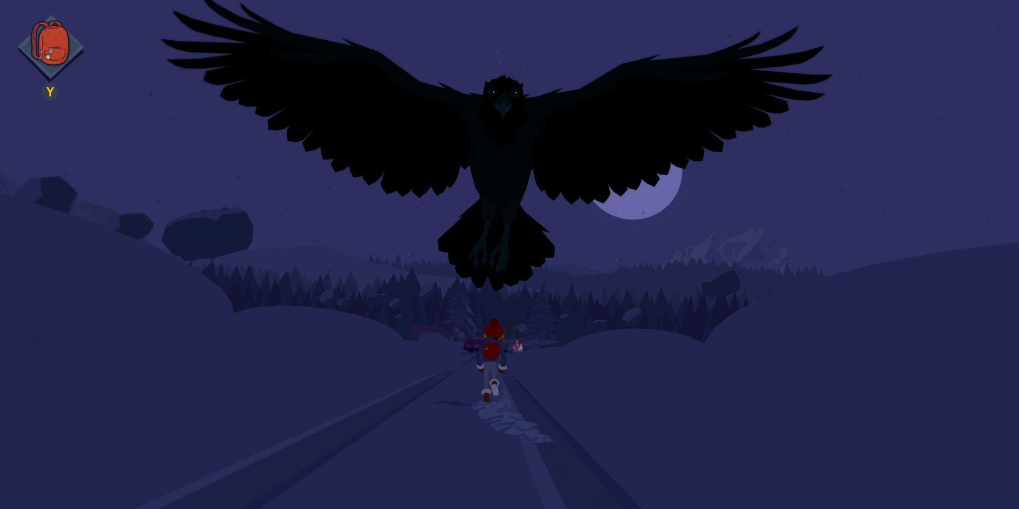 Tove chasing after the car with a large raven above it in Roki