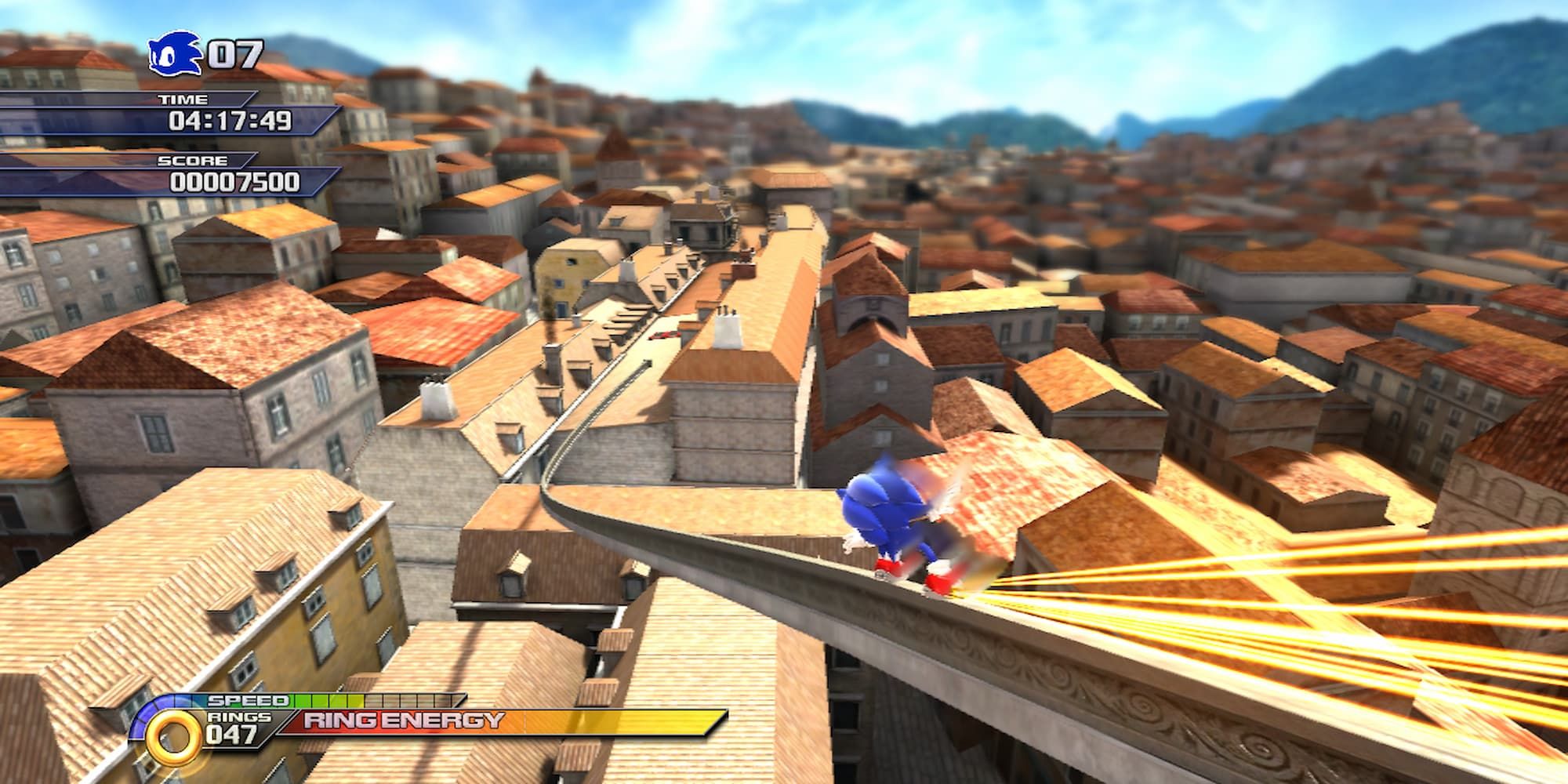 Sonic grinding on a rail in Rooftop Run.