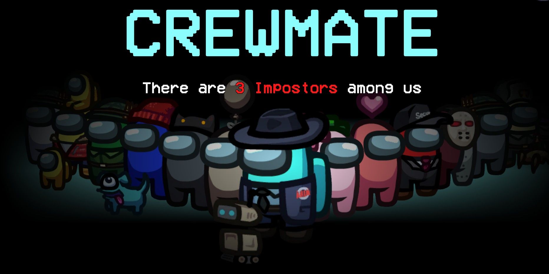Among Us game crewmates title card and 3 impostors