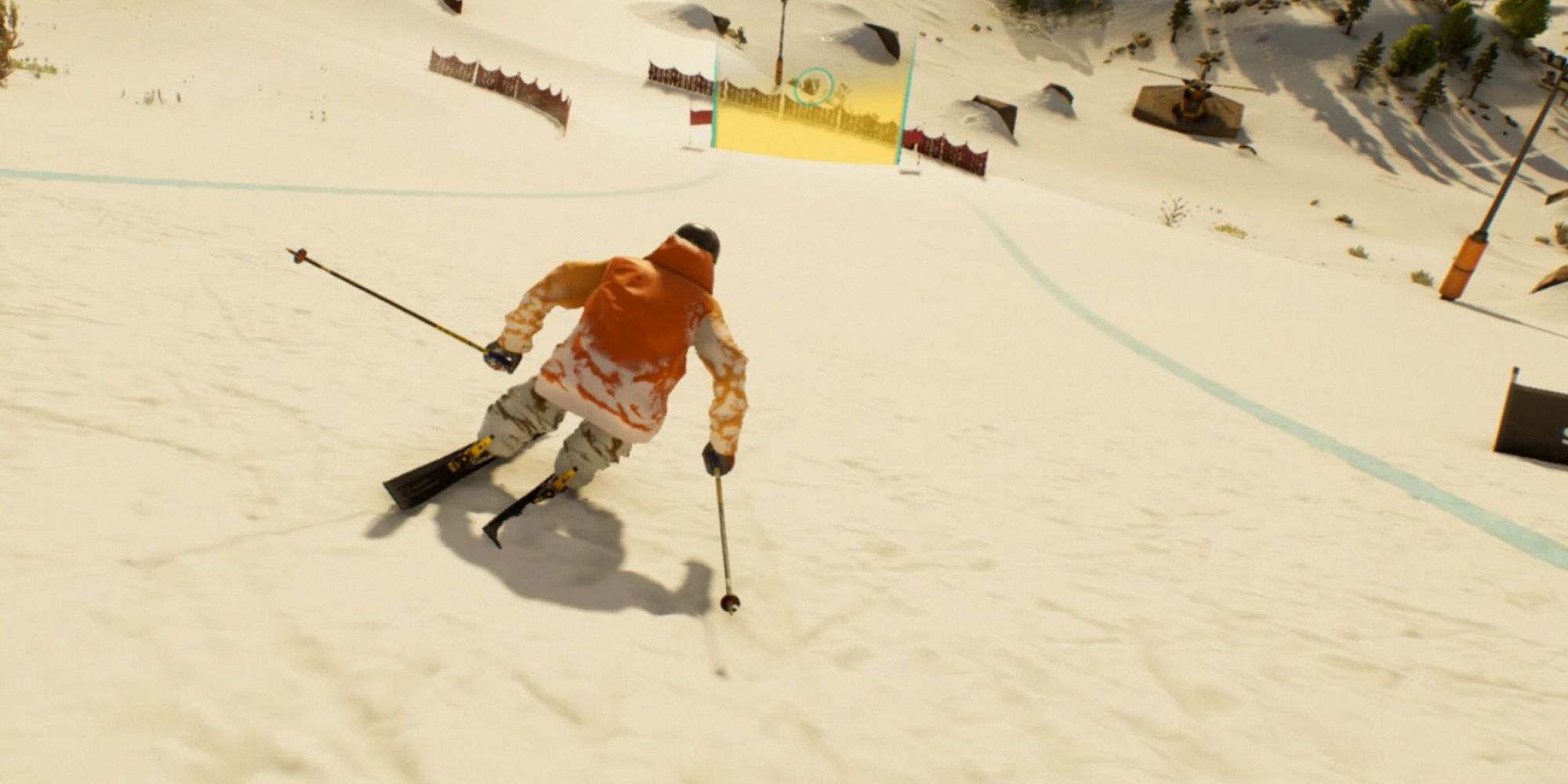 Riders Republic. Orange jacket riding on skis in snow.