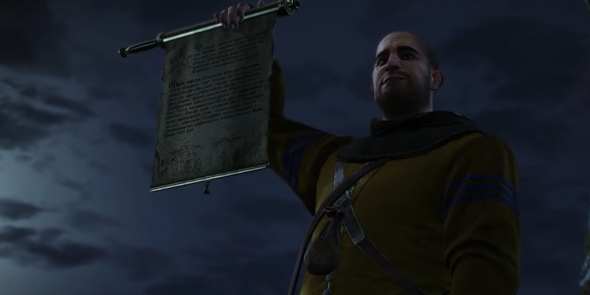 The Witcher 3 Hearts of Stone O'Dimm brandishes Olgierd's contract