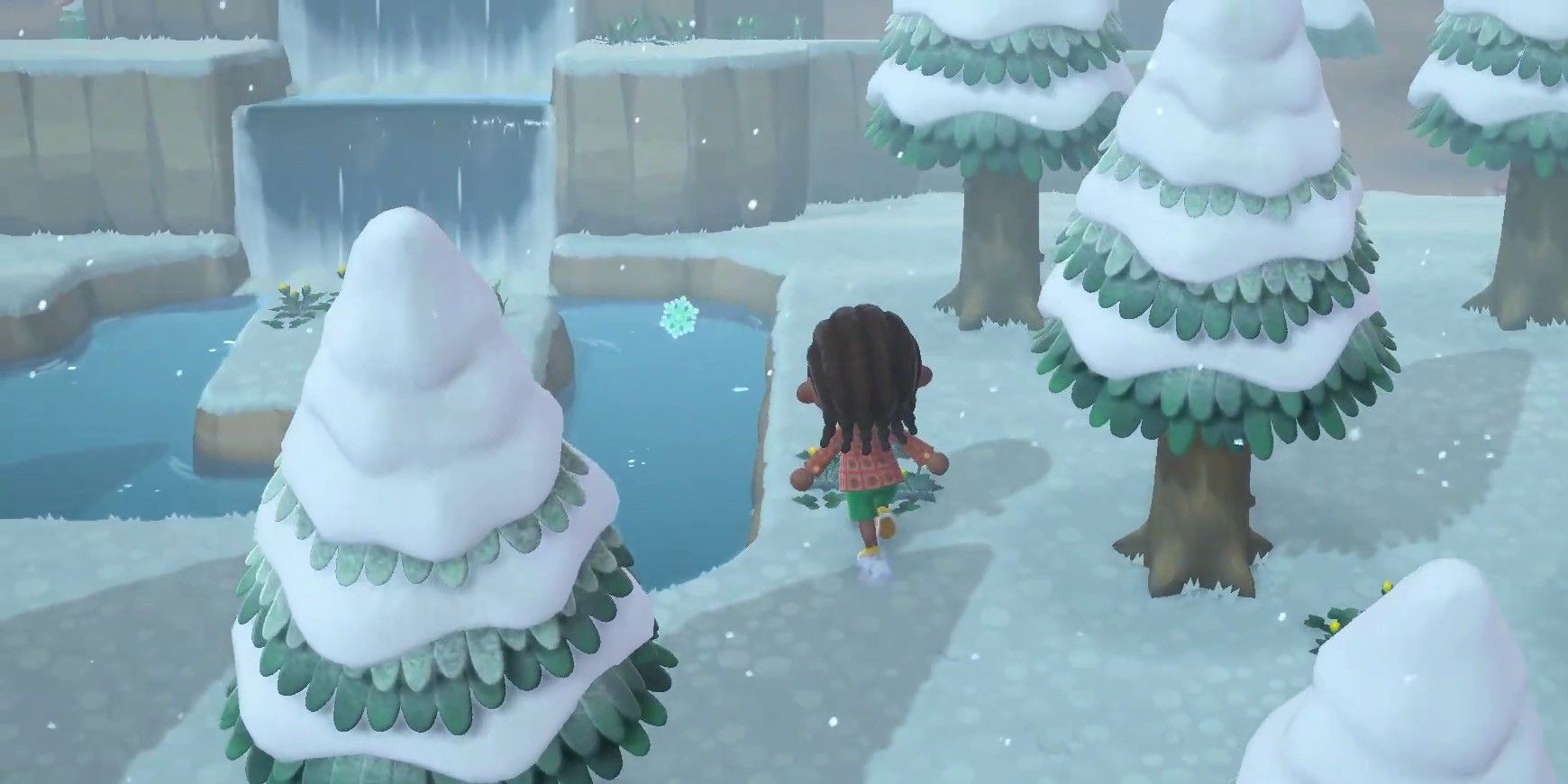 animal crossing new horizons villager on snowy winter island with snowflakes
