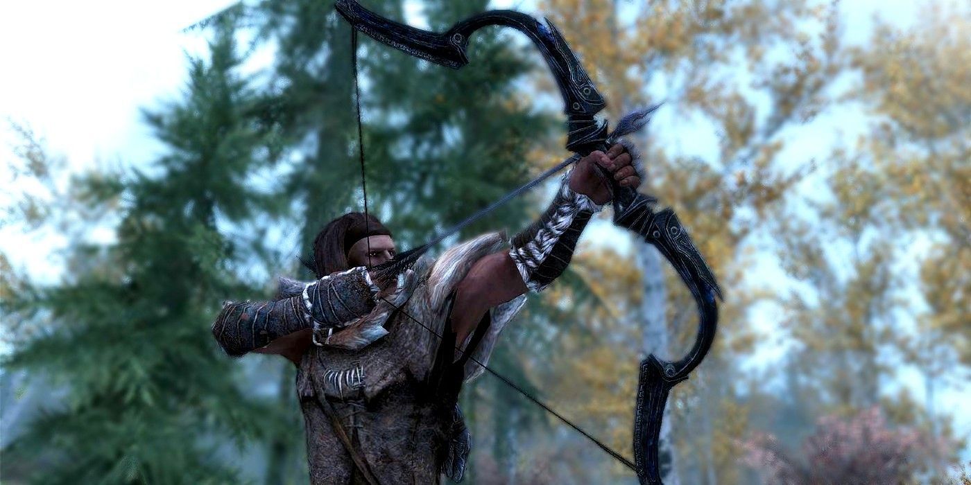 A player shooting a bow and arrow in Skyrim