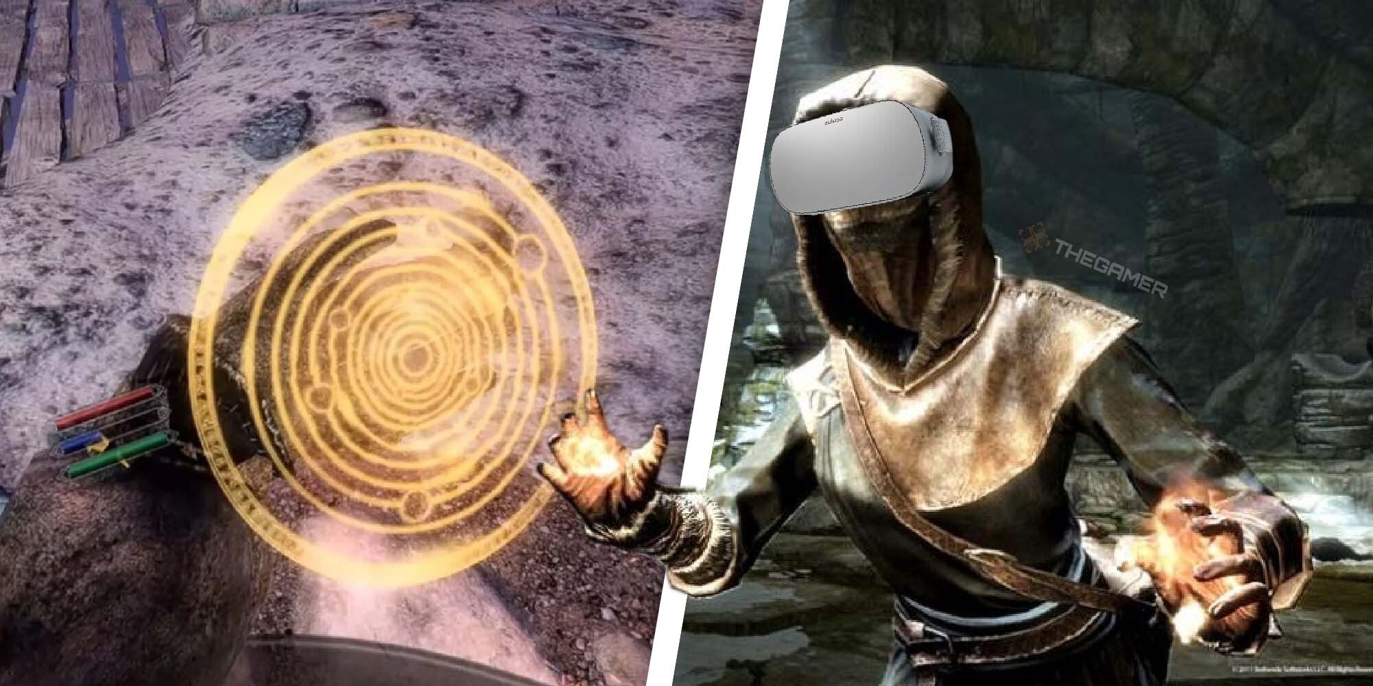 Skyrim Brain Magic - a split image of the discs from the RVM mod and an argonian mage in a VR headset