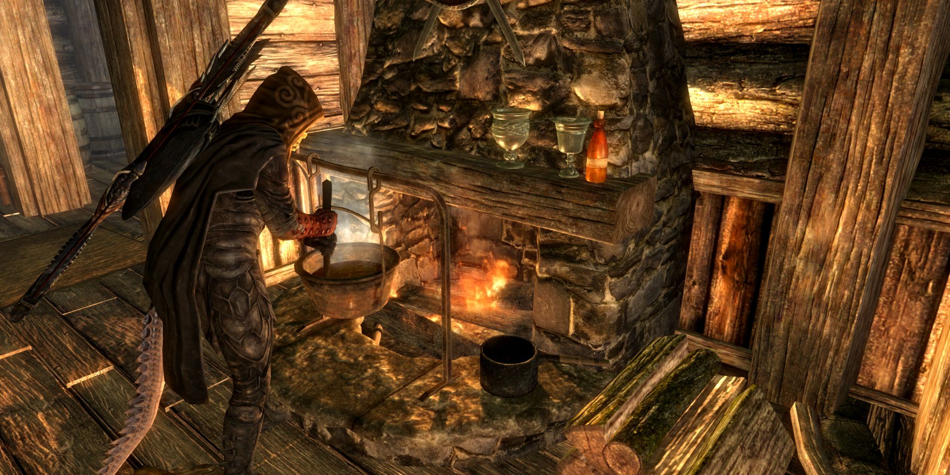 A player using a cooking pot in Skyrim