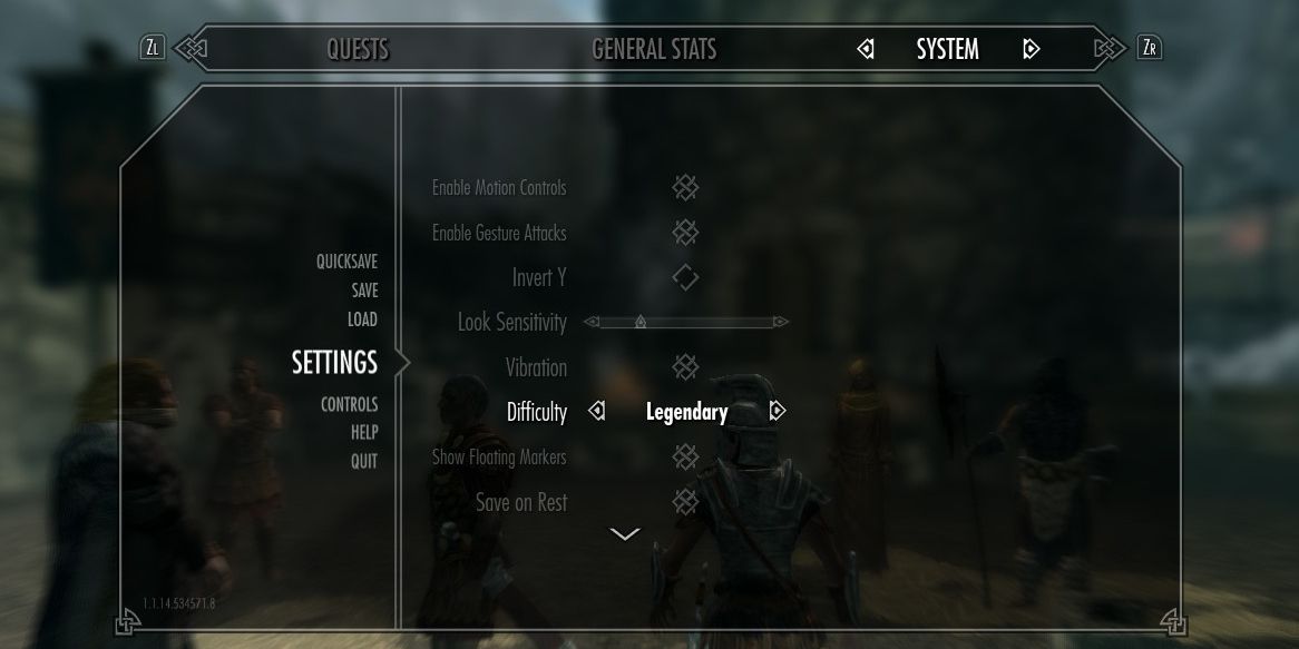 A player changing the difficulty in the menus in Skyrim