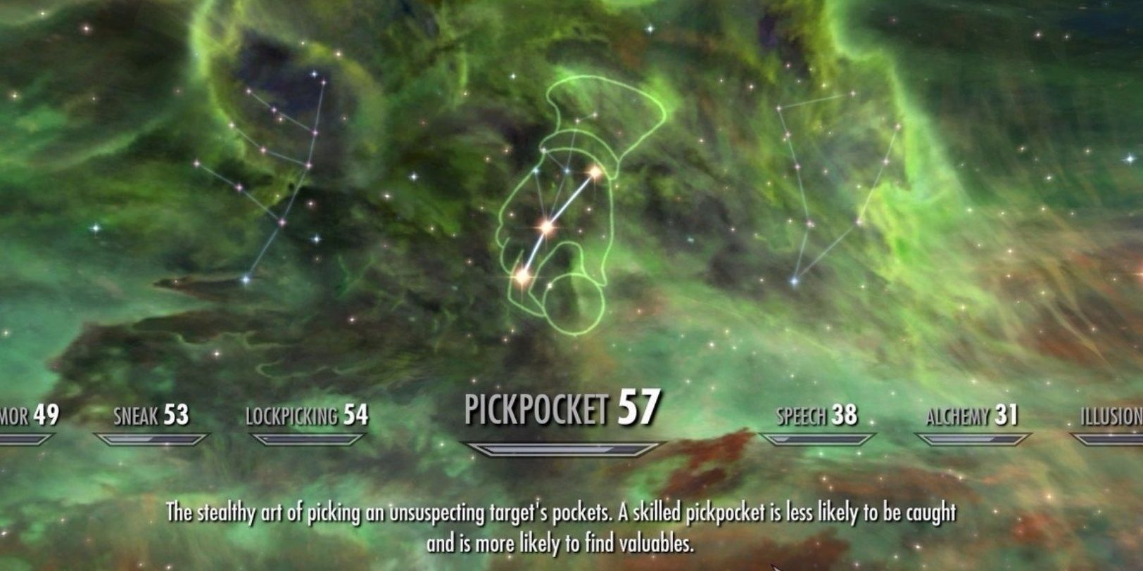 Skyrim Pickpocket Skill Tree depicting a hand and coin constellation