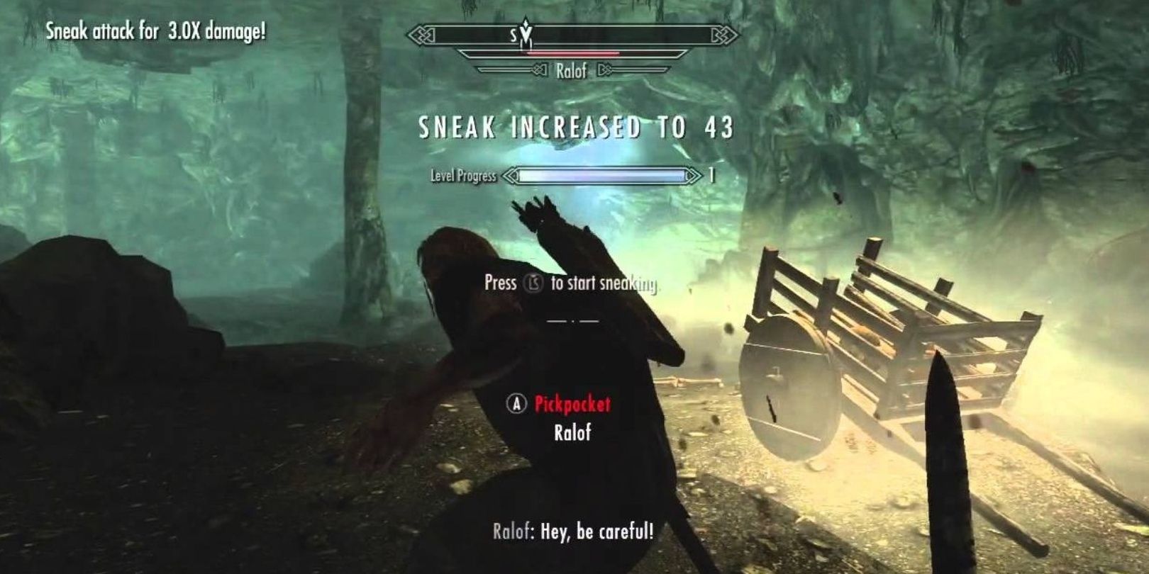 Skyrim Player in Stealth Mode in the tutorial cave