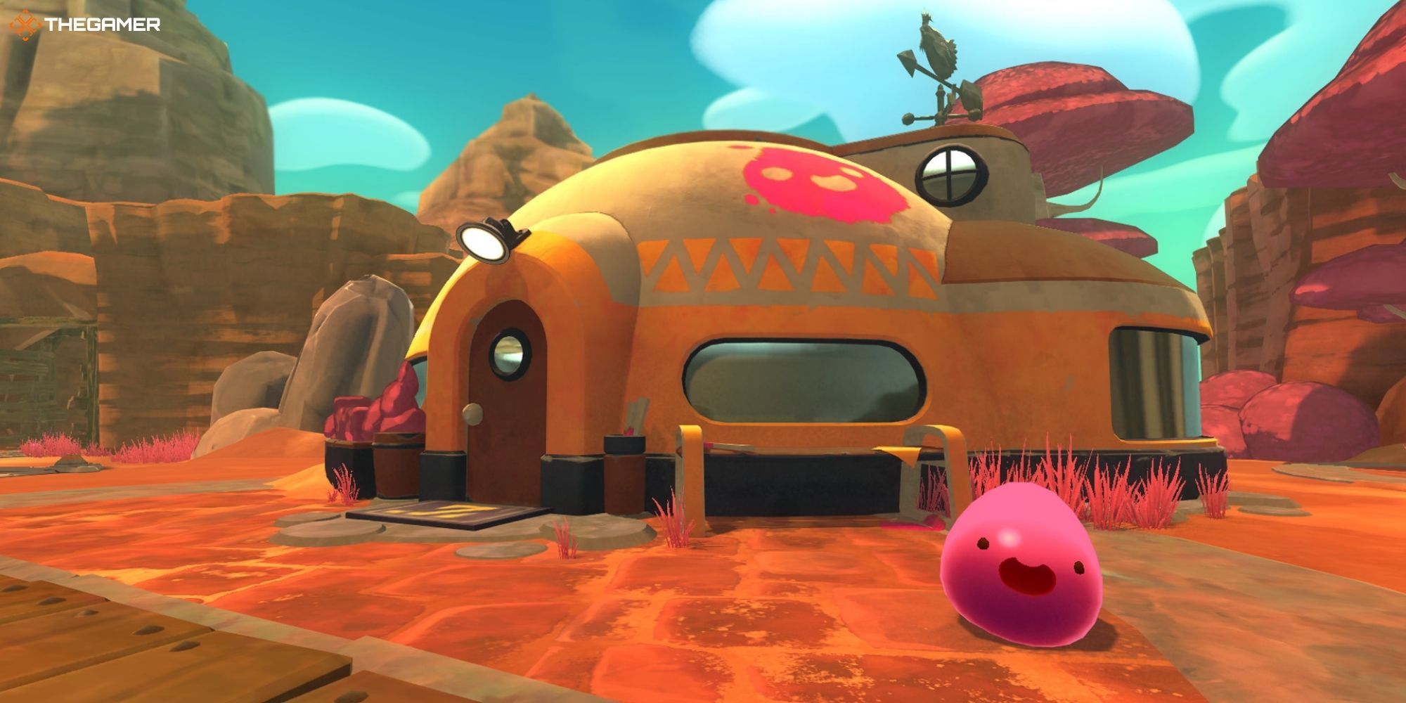 Slime Rancher - a pink slime outside Beatrice's home