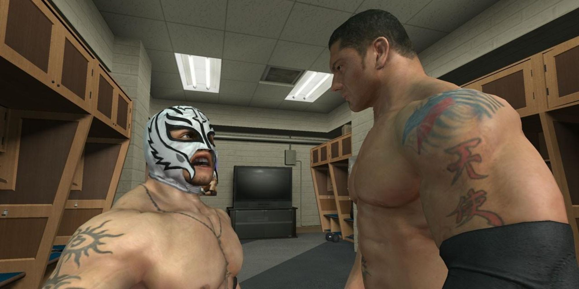Smackdown vs Raw 2009 Screenshot Of Rey Mysterio and Batista Road To Wrestlemania Cutscene