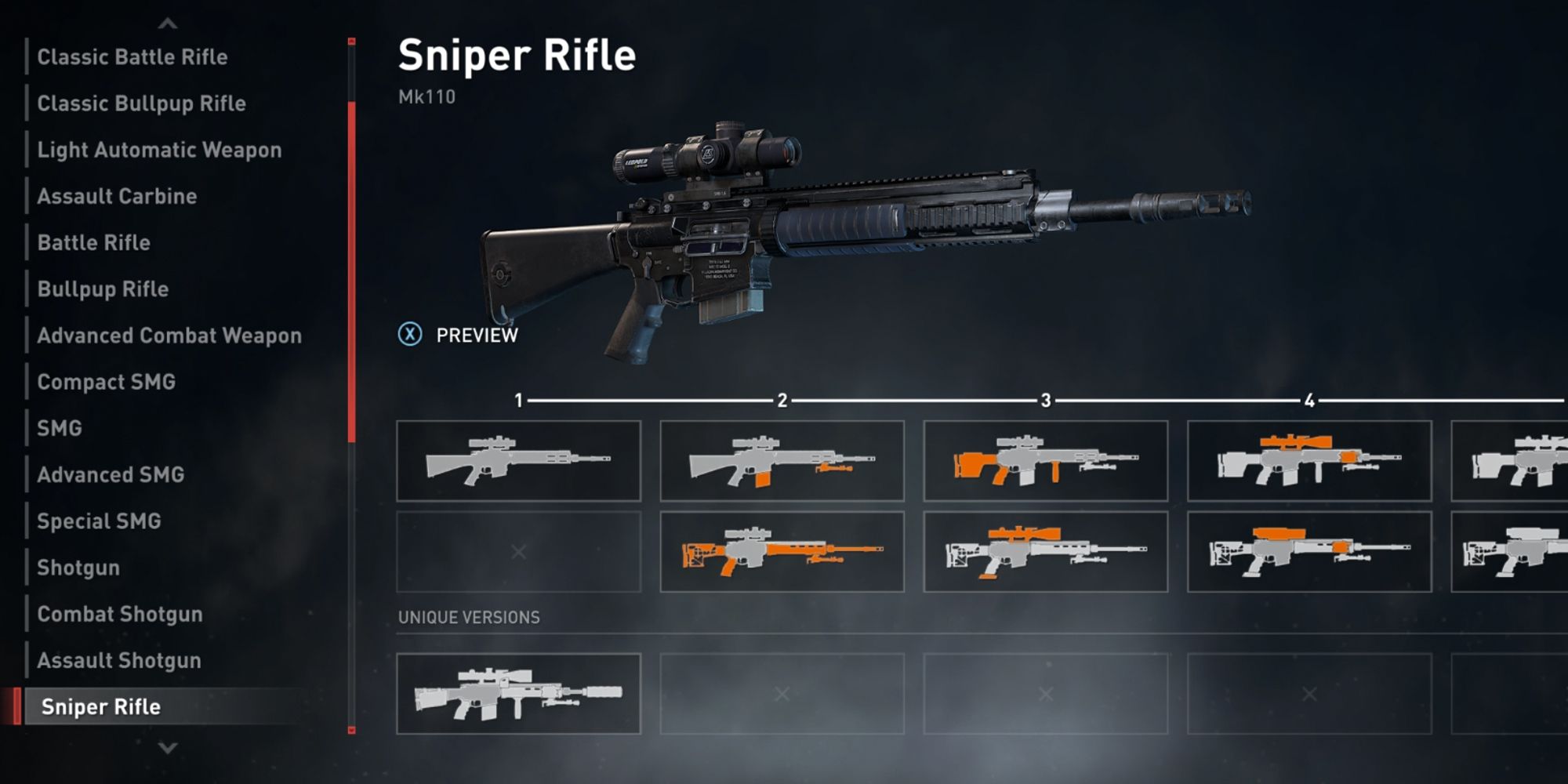 World War Z. Screenshot of the Sniper Rifle weapon loadout screen.