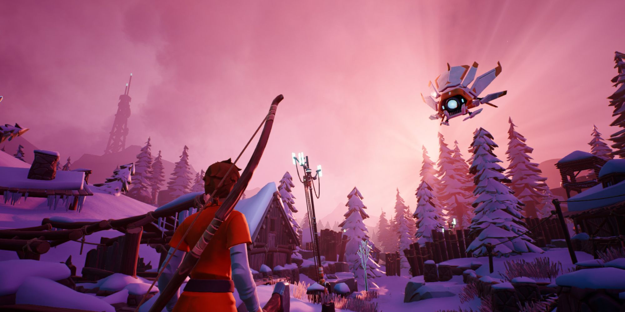 Solo Battle Royales a third-person perspective wide shot of a survivor from Darwin Project stood in a snow-covered village looking up at a menacing robot in the sky