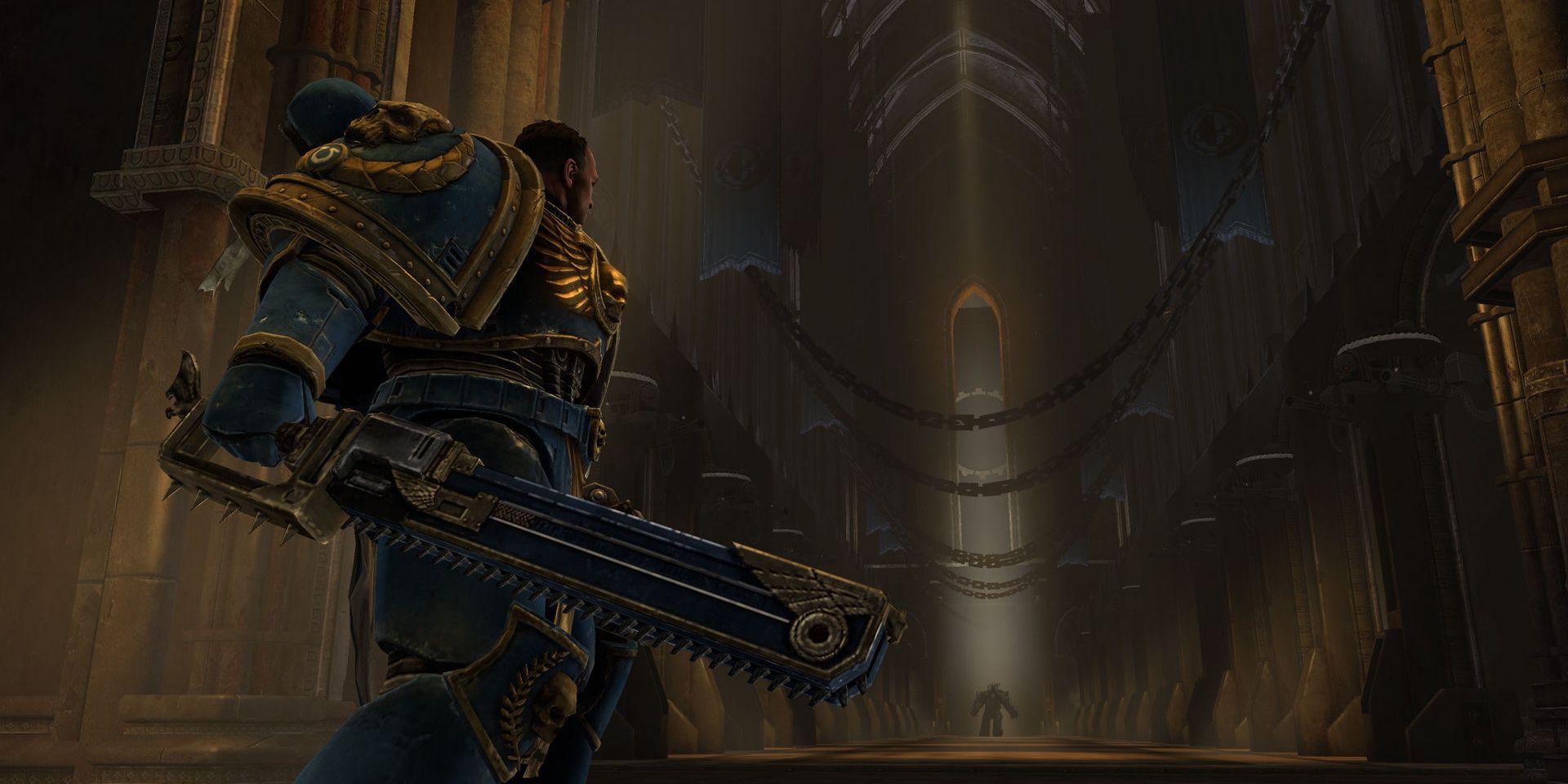 Space Marine Captain squaring off against a chaos marine in a cathedral