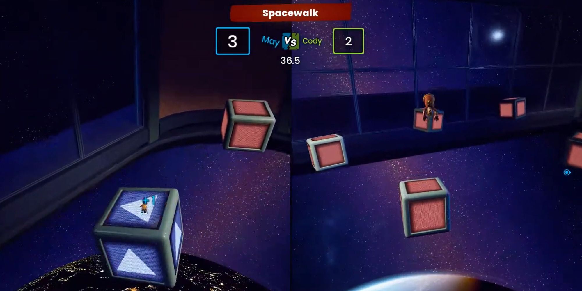 It Takes Two Spacewalk minigame jumping on blue and red blocks, score of 3-2
