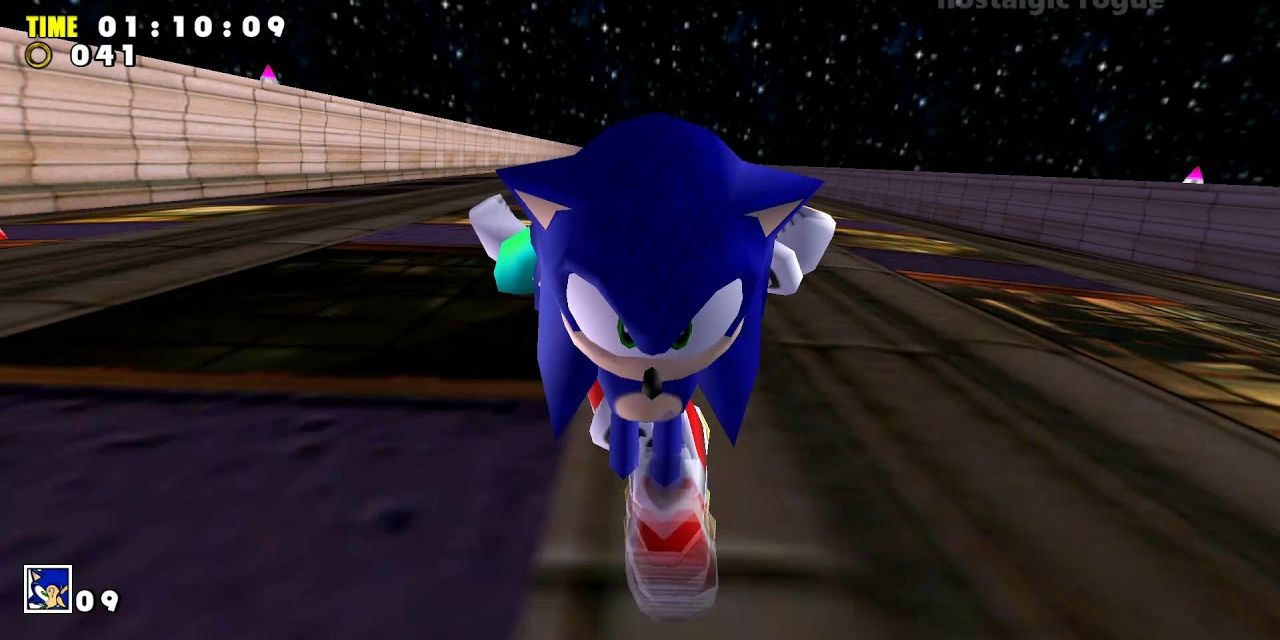 Sonic Adventure - Sonic running down the side of a building in Speed Highway
