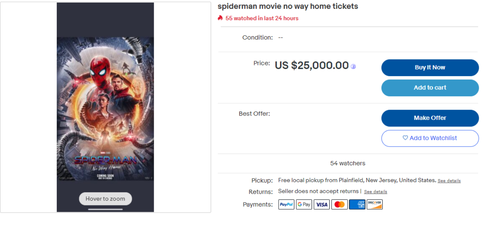 Spider-man no way home movie tickets on sale on eBay