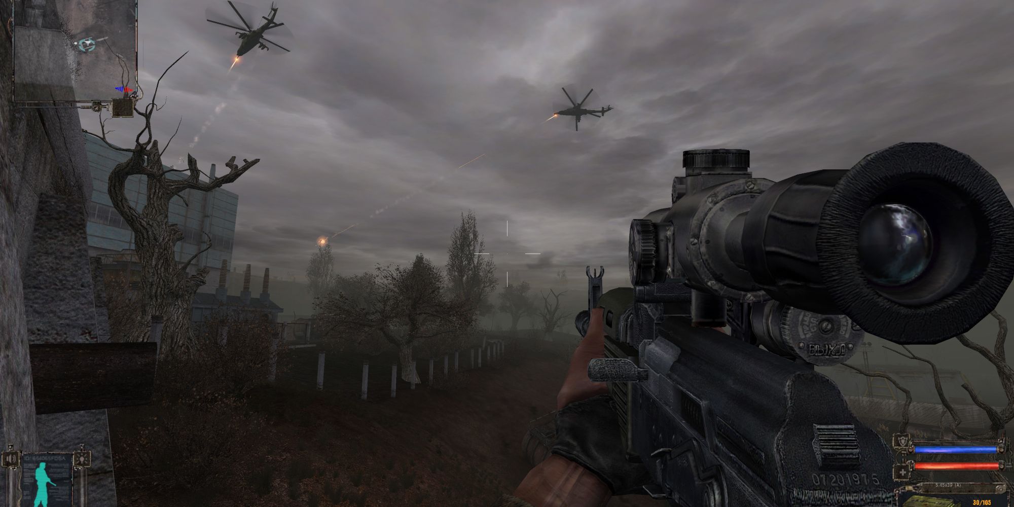 Walking down a deserted path with your gun as choppers fly overhead.