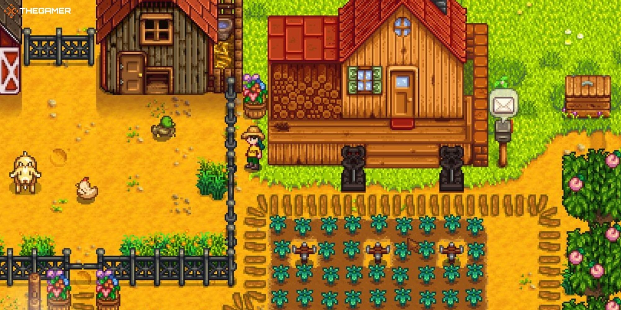 Stardew Valley - player on farm with animals and plants