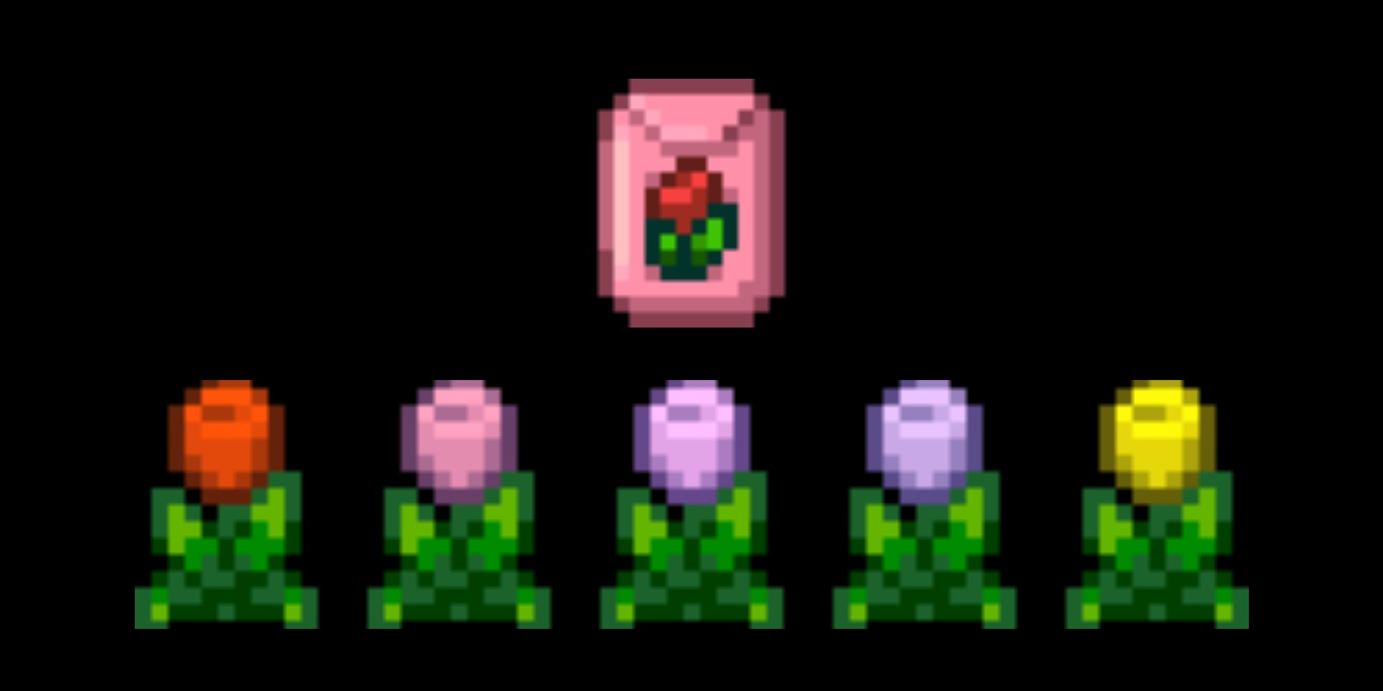 Stardew Valley Tulips, crop and seed bag sprite