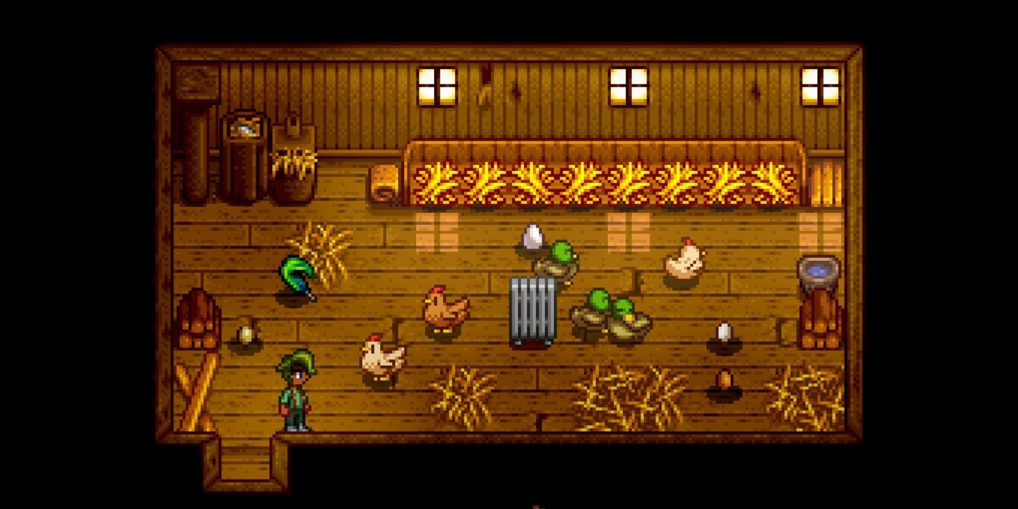 player standing in coop with ducks and chickens