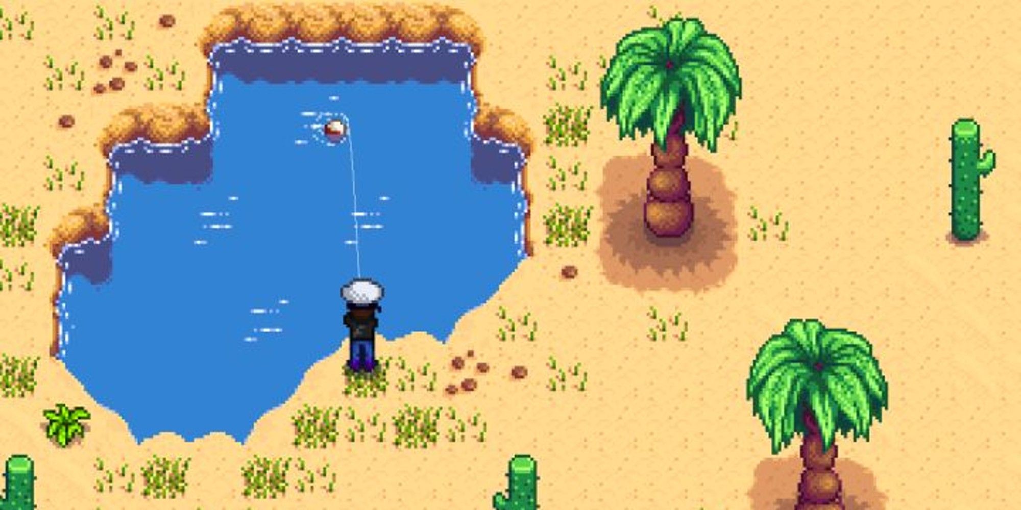 player fishing from desert pond