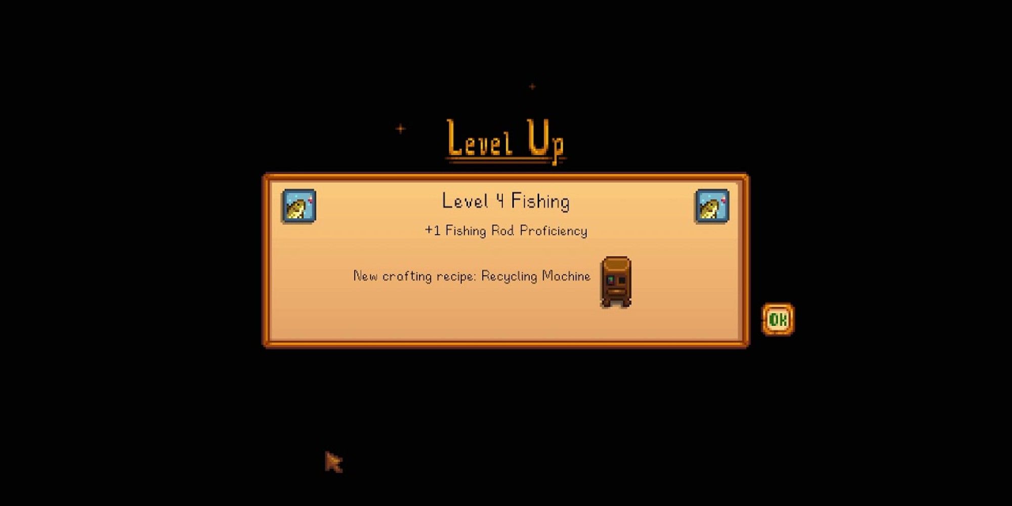 level 4 fishing skill screen with recycling machine recipe 