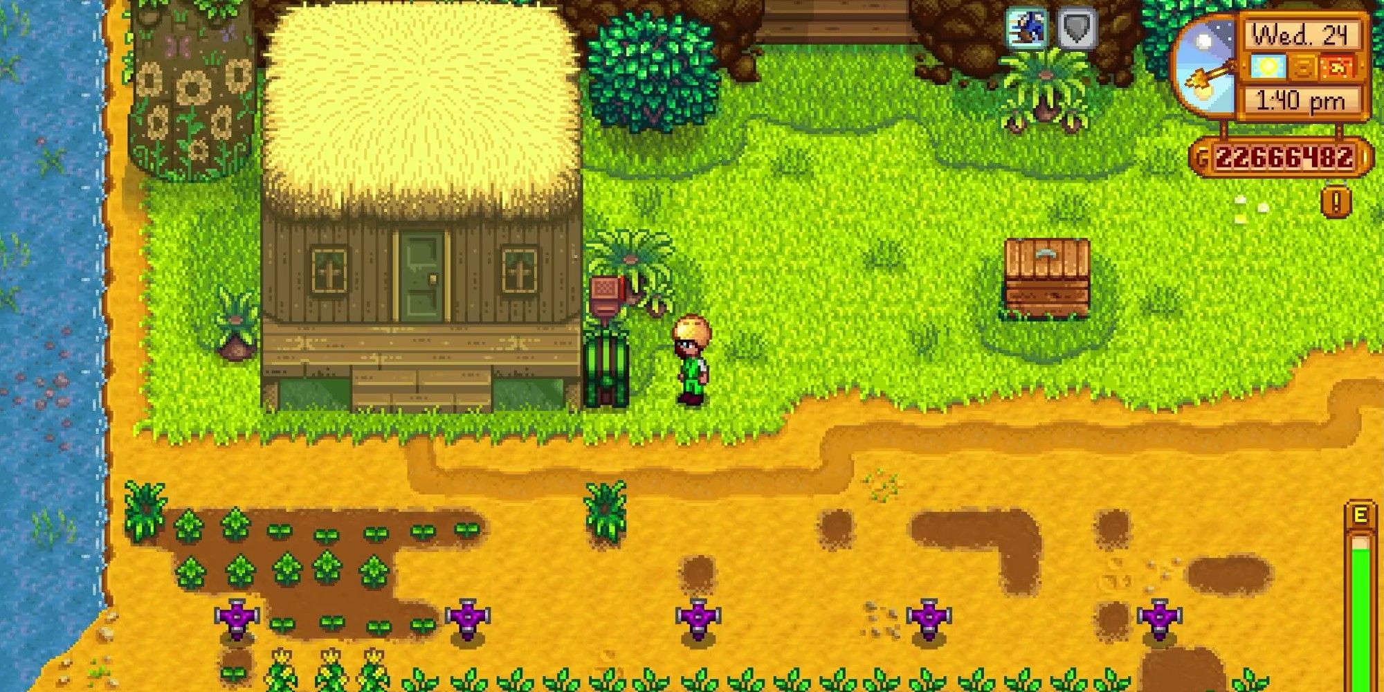 Stardew Valley player next to a placed junimo chest