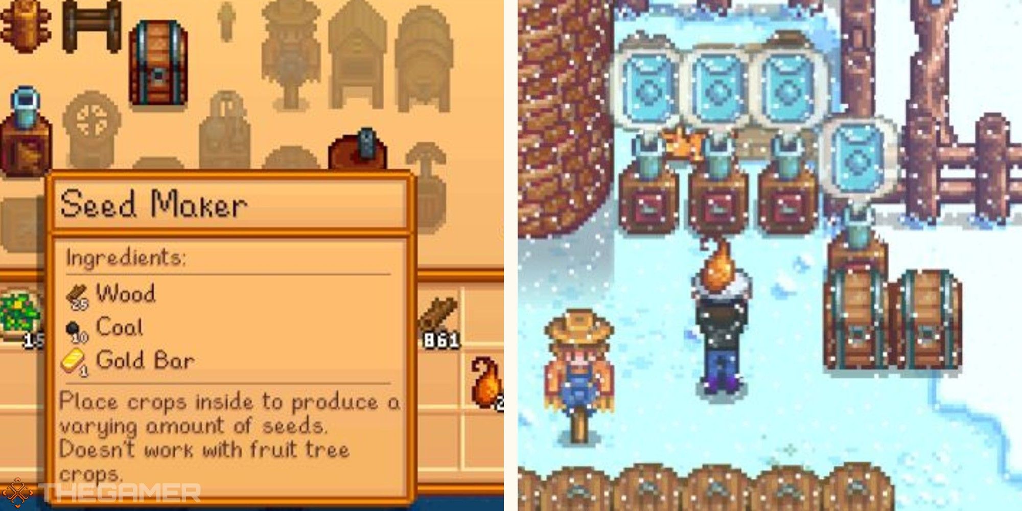 image of seed maker recipe next to image of player standing near seed makers with ancient seeds