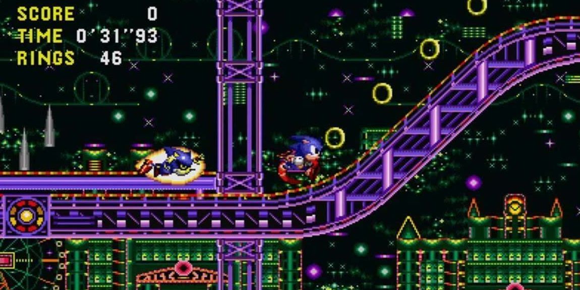 Sonic CD - Sonic running away from Metal Sonic in Stardust Speedway