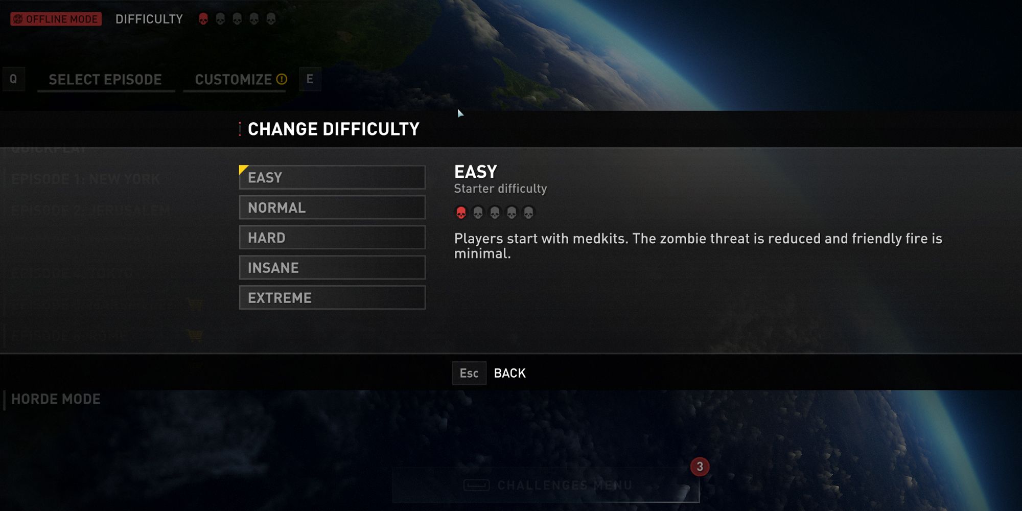 World War Z. Difficulty screen with five different difficulties. These are, easy, normal, hard, insane and extreme.